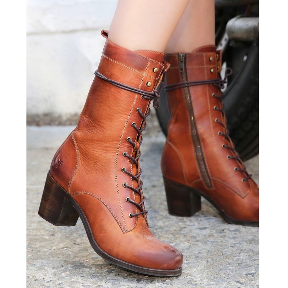 $429 Frye Kendall Lace Up Brown Genuine Leather Mid-Calf Heeled ZipUp Ankle Boot - Picture 2 of 16